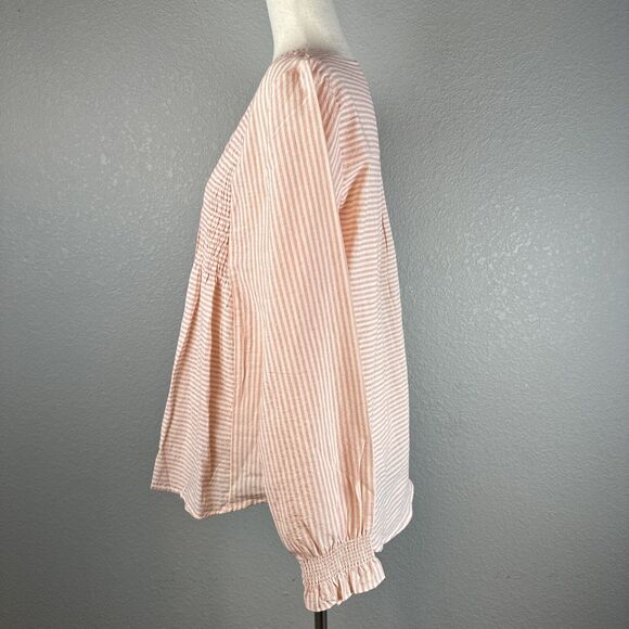 Sundance Womens Smocked V-Neck Julia Top Size S Pink Striped Cotton Long Sleeve - Picture 4 of 8